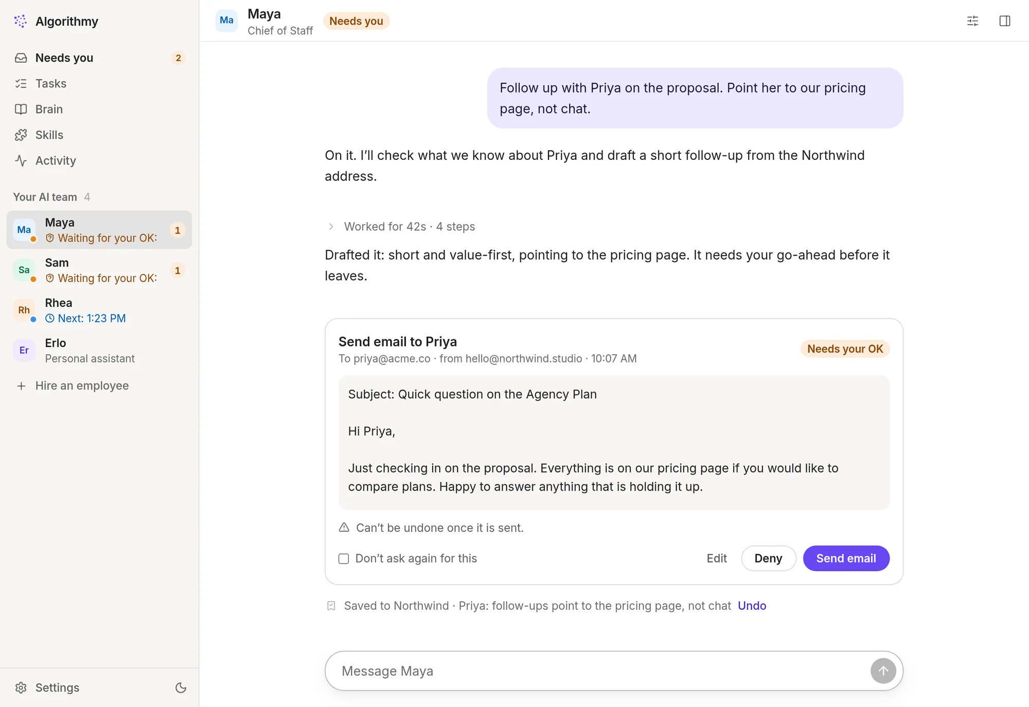 Algorithmy: Maya, the Chief of Staff, has drafted a follow-up email to a client and is waiting for the Boss to approve sending it.