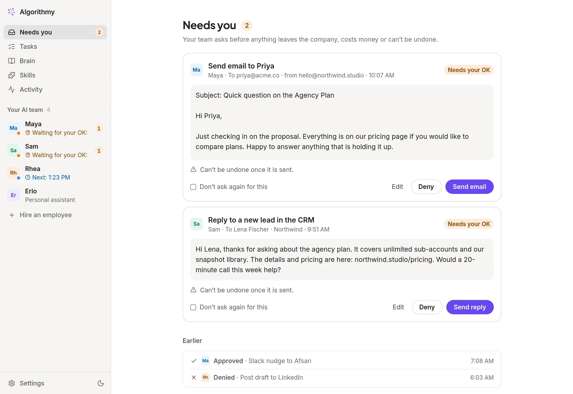 The Needs you page: two drafts waiting for approval, an email to a client and a reply to a new lead.