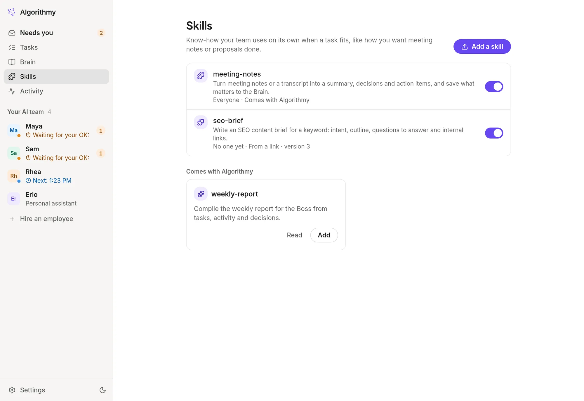 The Skills page with skills such as meeting notes and SEO brief, and who uses each.